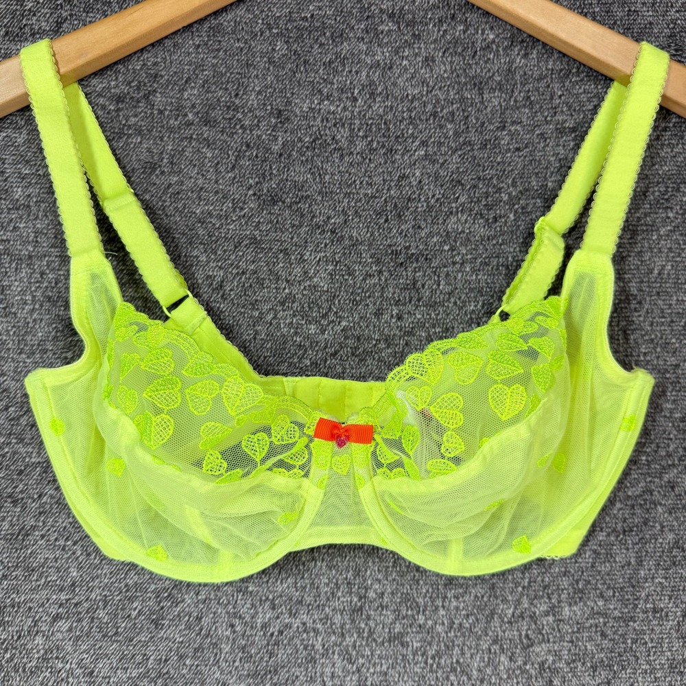 Cleo by Panache Kali Balcony Bra Neon Lime Green Heart Lace 32F UK 32DDDD/G US